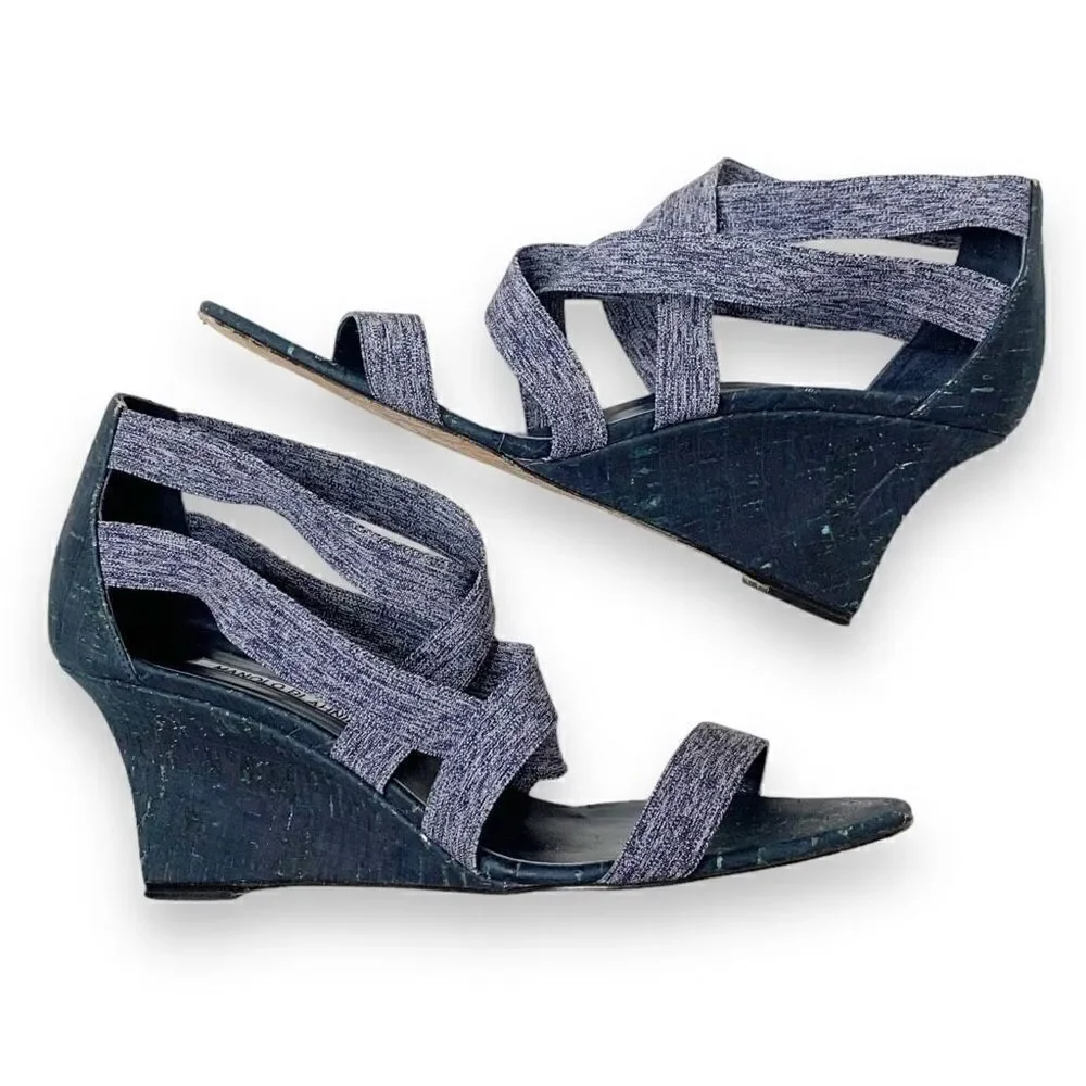 Manolo Blahnik Glassa Crisscross Wedge Sandal, Blue Denim Women’s Sz 41 -US 10.5